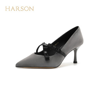 哈森2024绒面女鞋尖头细跟时装鞋浅口女单鞋HWS240193 黑色 羊反绒 35