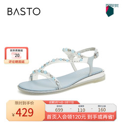 BASTO 百思图 24夏商场珍珠条带休闲坡跟一字带女平底凉鞋RWZ31BL4 透明/兰 39