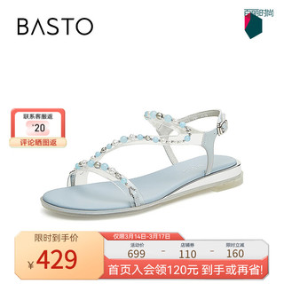 BASTO 百思图 24夏商场珍珠条带休闲坡跟一字带女平底凉鞋RWZ31BL4 透明/兰 39