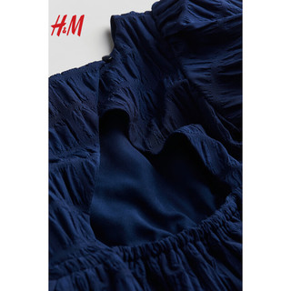 H&M2024春季童装女童短袖圆领可爱泡泡袖连衣裙1216824 深蓝色 140/68