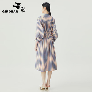 哥弟【GD】气质小立领条纹纯棉直身长款洋装连衣裙（附腰带）1500473 条纹 M(3码)