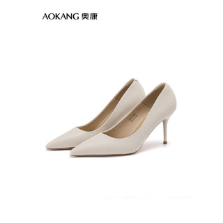 奥康（Aokang）女鞋 2024春季简约气质高跟鞋舒适通勤时尚百搭单鞋女 米白色 36