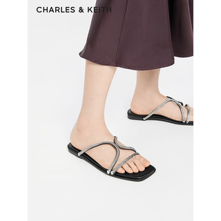 CHARLES&KEITH24春季法式凉鞋细条带平底拖鞋女CK1-70381037 BLACK TEXTURED黑色纹理 39