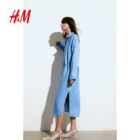 H&M2024春季通勤风休闲时尚中长裙亚麻衬衫式连衣裙1216689 蓝色 155/80A