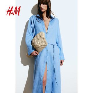 H&M2024春季通勤风休闲时尚中长裙亚麻衬衫式连衣裙1216689 蓝色 155/80A