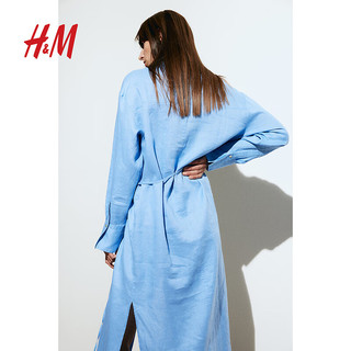 H&M2024春季通勤风休闲时尚中长裙亚麻衬衫式连衣裙1216689 蓝色 155/80A