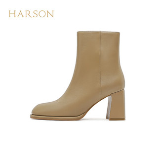 哈森羊皮时装靴商务通勤粗高跟圆头迷你靴女短靴HA239012 泥沙色 34