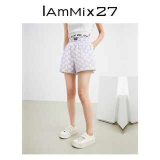 Iammix27高腰运动短裤女宽松显瘦字母印花松紧腰阔腿五分裤女薄款 紫色 XL