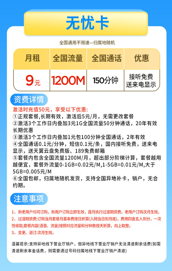 CHINA TELECOM 中国电信 无忧卡 9元月租（150分钟通话+1200M流量+长期套餐）