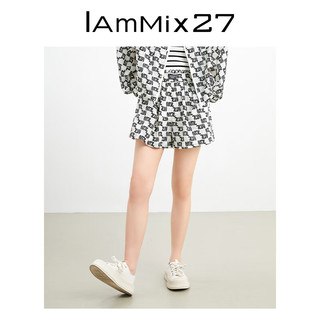 Iammix27高腰运动短裤女宽松显瘦字母印花松紧腰阔腿五分裤女薄款 黑白 XL