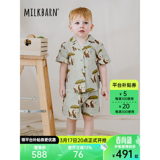 Milkbarn2024儿童衬衫短裤套装宝宝夏季衣服男女童休闲童装 熊猫绿 90cm