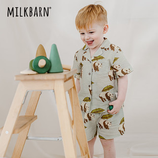 Milkbarn2024儿童衬衫短裤套装宝宝夏季衣服男女童休闲童装 熊猫绿 80cm