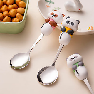 onlycook可爱熊猫宝宝辅食勺304不锈钢勺子儿童硅胶卡通餐勺饭勺 粉色熊猫【1支】