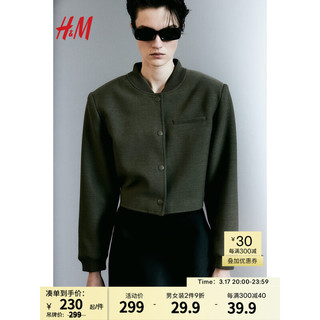 H&M2024春季女装长袖时尚复古潮流休闲带垫肩短外套1232070 深卡其绿 170/116A XL