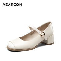 YEARCON 意尔康 女鞋2024春季新中式粗跟小皮鞋浅口女士方头复古玛丽珍单鞋