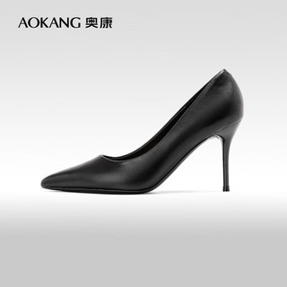 奥康（Aokang）女鞋 2024春季简约气质高跟鞋舒适通勤时尚百搭单鞋女 黑色 39