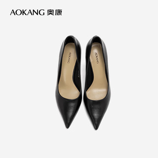 奥康（Aokang）女鞋 2024春季简约气质高跟鞋舒适通勤时尚百搭单鞋女 黑色 39