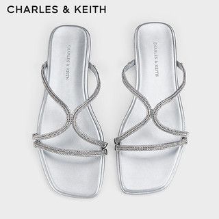 CHARLES&KEITH24春季法式凉鞋细条带平底拖鞋女CK1-70381037 Silver银色 39