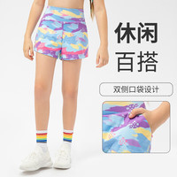 LOVMOVE女童印花运动裤修身瑜伽跑步短裤儿童装高腰训练裤 蓝色 140