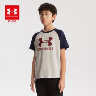 安德玛（Under Armour）童装2024春夏男童插肩袖宽松短袖T恤儿童复古字母印花T恤潮 卡其 160cm