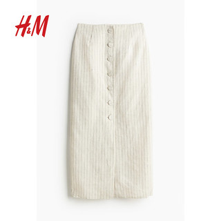 H&M女装裙子2024春季前部系扣亚麻半身裙1226469 浅米色/细条纹 1
