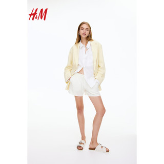 H&M2024春季女装亚麻混纺松紧短裤1224910 奶油色 170/88B