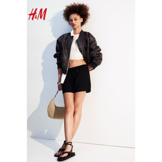 H&M2024春季女装亚麻混纺松紧短裤1224910 奶油色 175/100C