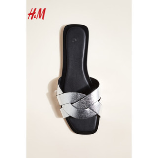 H&M2024春季女鞋纯色方头无根时尚休闲百搭织凉鞋1223046 银色 36 225