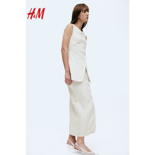 H&M女装裙子2024春季前部系扣亚麻半身裙1226469 浅米色/细条纹 165/80A