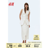 H&M女装裙子2024春季前部系扣亚麻半身裙1226469 浅米色/细条纹 165/80A