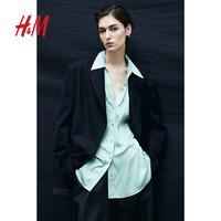 H&M 女装衬衫2024春季优雅气质修身光泽感V领长袖上衣0939703 浅灰绿色