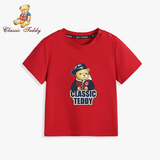 Classic TeddyClassicTeddy精典泰迪儿童短袖T恤童装女童上衣男童夏装宝宝衣服 棒球帽子熊织标短袖大红 130