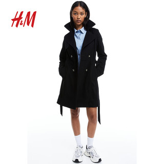 H&M 女装风衣棉质防风双排扣宽平驳领系带外套1152158 黑色 170/116A