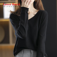 LOVER RUCCI法国女装季V领薄款羊绒衫毛衣长袖羊毛打底衫内搭 黑色 3码=M
