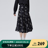 艾莱依（ERAL）鱼尾半裙女士法式赫本风显瘦裙子春秋款高级感设计感长裙 黑底色花 160/66A