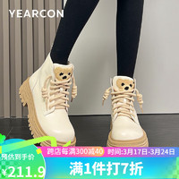 YEARCON 意尔康 女马丁靴女厚底中筒系带短靴时尚女靴 34047W 米白 36