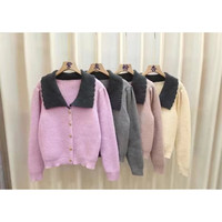 薇靡雅（WEIMIYA）撞色翻领修身短款长袖针织开衫女韩版百搭毛衣女上衣小外套 紫色 均码