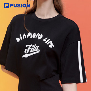 FILA FUSION 斐乐潮牌女子针织连衣裙简约修身短袖连身裙 175/92A/XL