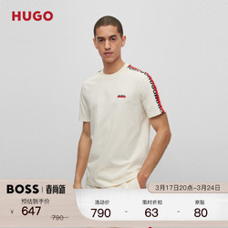 HUGO BOSS 雨果博斯 HUGO男士春夏条纹和品牌标识棉质短袖T恤 118-米白色 EU:M