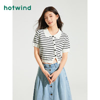 热风（Hotwind）短袖女2024年夏季女士翻领休闲时尚百搭舒适透气显瘦针织衫 40黑白条纹 M