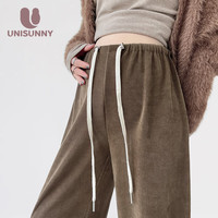 unisunny裤早春无托腹外穿抽绳阔腿裤大码宽松休闲直筒裤大码长裤子 咖色 M