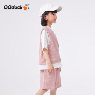 可可鸭（QQ DUCK）童装女童套装夏儿童运动短袖短裤青少年衣服华夫格皮粉；140