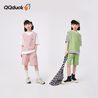 可可鸭（QQ DUCK）童装女童套装夏儿童运动短袖短裤青少年衣服华夫格皮粉；140