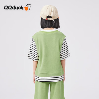 可可鸭（QQ DUCK）童装女童套装夏儿童运动短袖短裤青少年衣服华夫格绿色；140