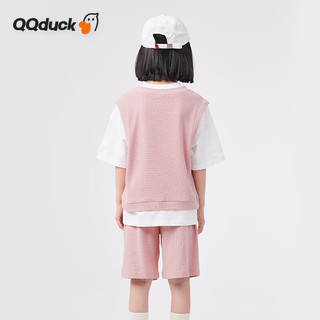 可可鸭（QQ DUCK）童装女童套装夏儿童运动短袖短裤青少年衣服华夫格皮粉；150