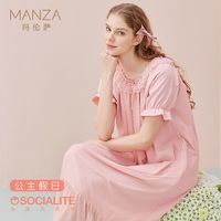 manza 玛伦萨 宫廷风睡裙女夏中长款泡泡袖蕾丝圆领公主裙甜美女士睡衣