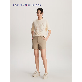 TOMMY HILFIGER  24春季女纯棉时尚彩色刺绣宽松针织短袖上衣WW0WW41216 米白色AEF XXL