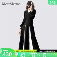 MeetMetro玛依尔撞色拼接连衣裙女2024春季国风收腰修 黑色 XL