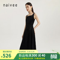 Naivee 纳薇 商场同款23秋新款复古修身宽肩吊带小黑裙方领连衣裙 黑色 170/92A/XL