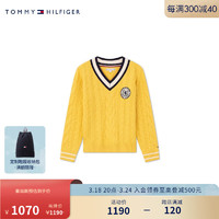 TOMMY HILFIGER24新款春季童装女绞花V领复古美式网球针织毛衣TH2412084 黄色216